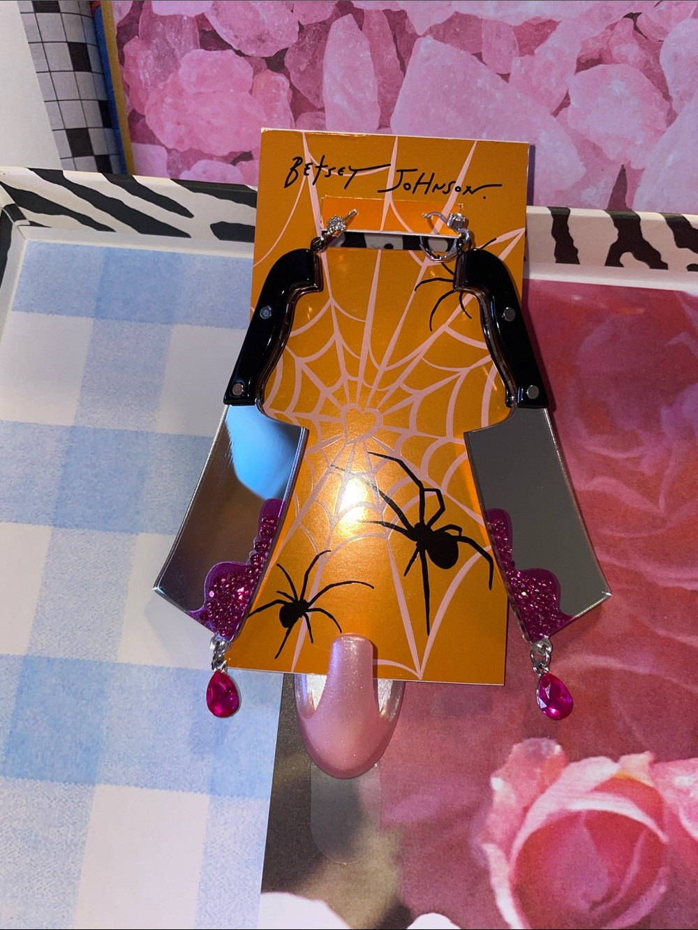 Betsey Johnson Black Handle Mirror Dagger Earrings with Pink Gems